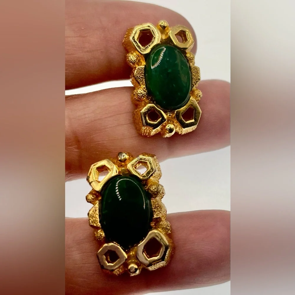 Vintage Gold Tone Rectangular Open Work Cufflinks with Green Oval Gem Center